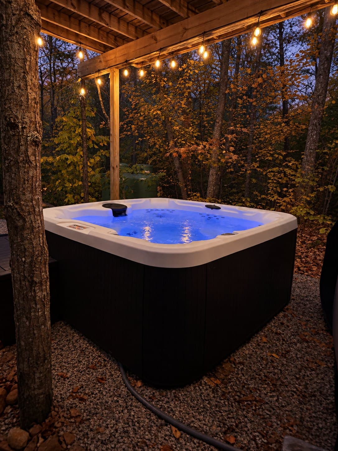 The Grand Oak's private hot tub beneath the trees at twilight, with string lights and fall foliage