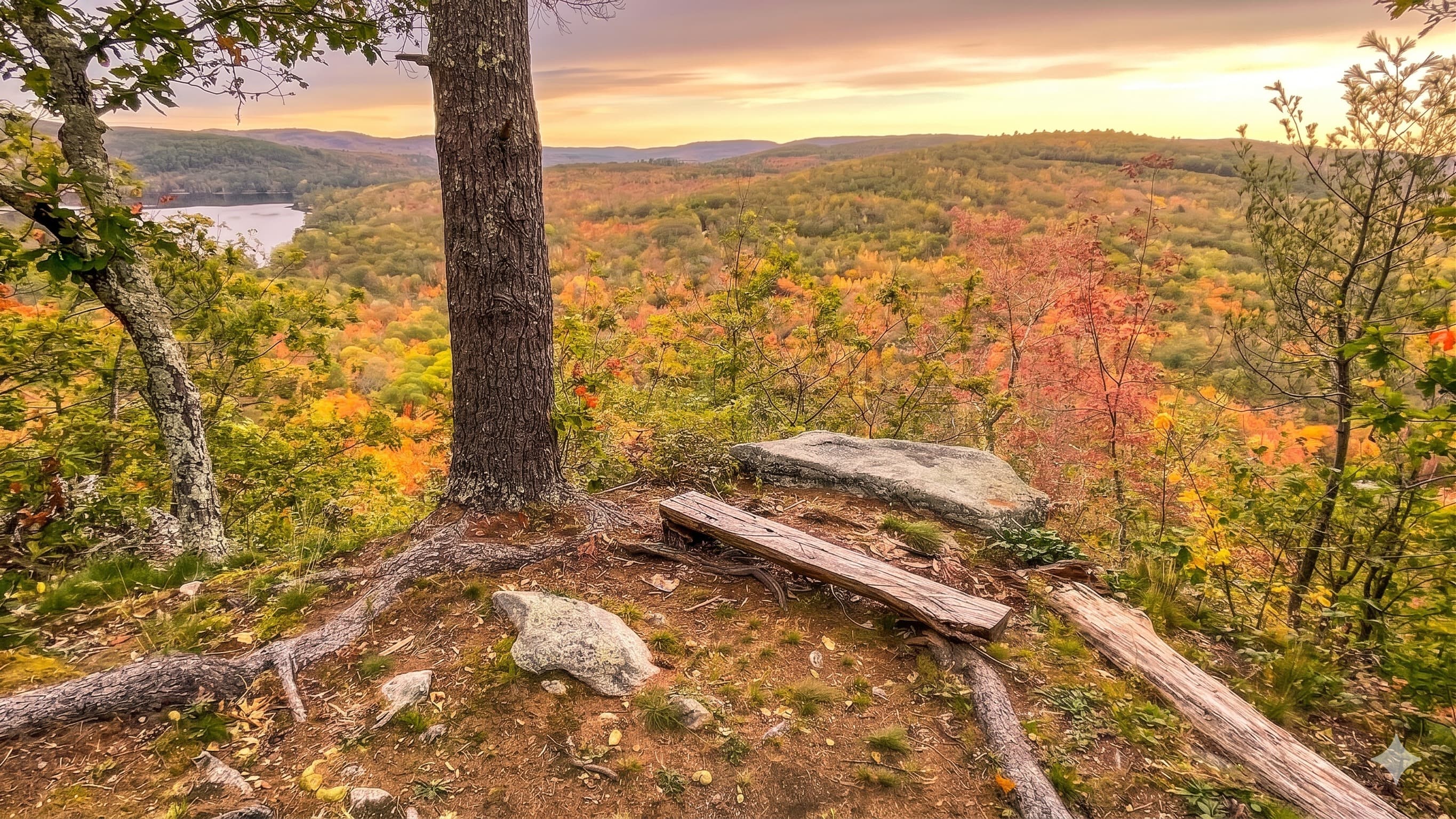 Autumn foliage and a distant lake seen from a rocky ledge among the trees