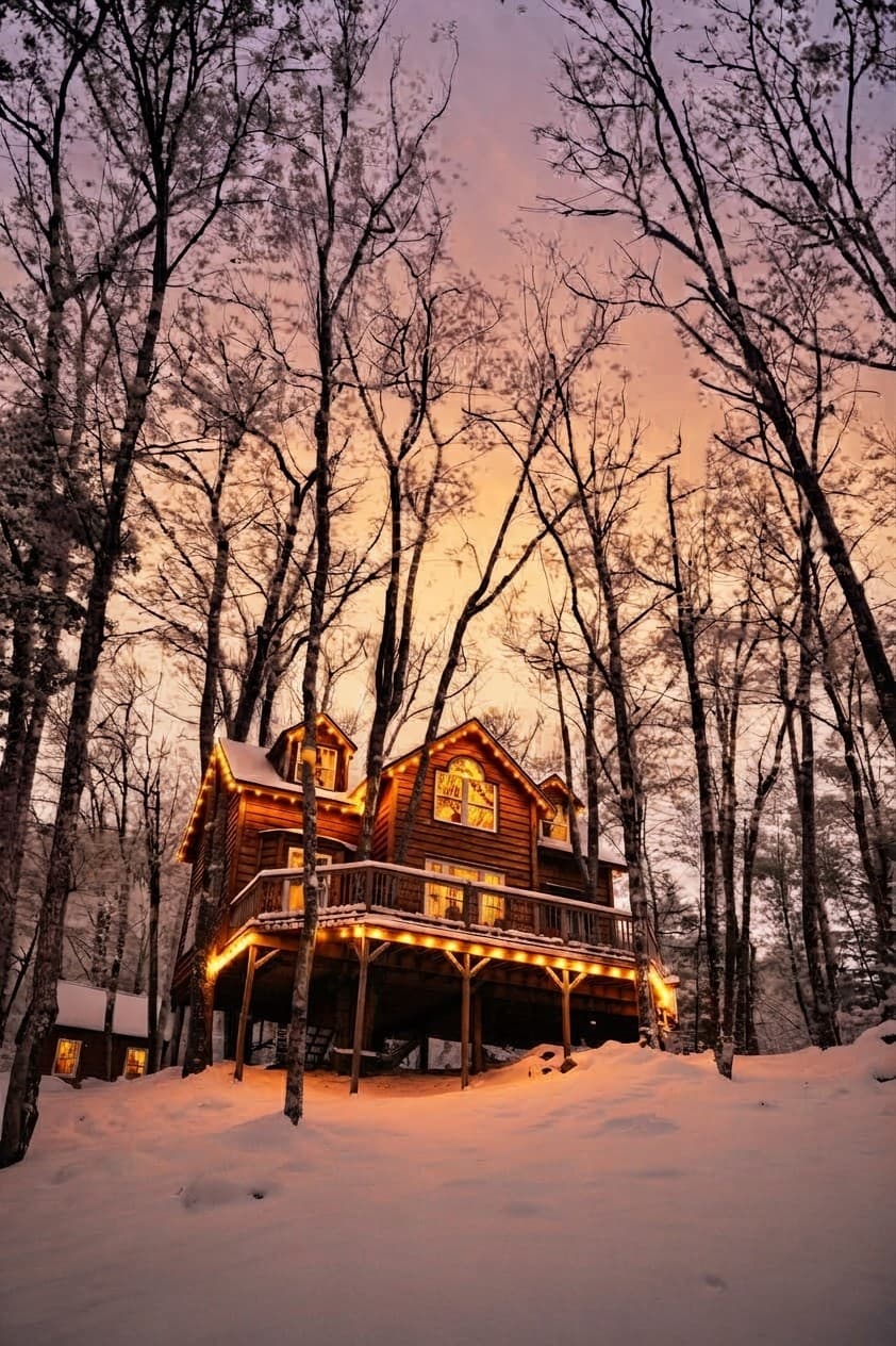The Grand Oak treehouse at winter dusk, lit up among snowy trees